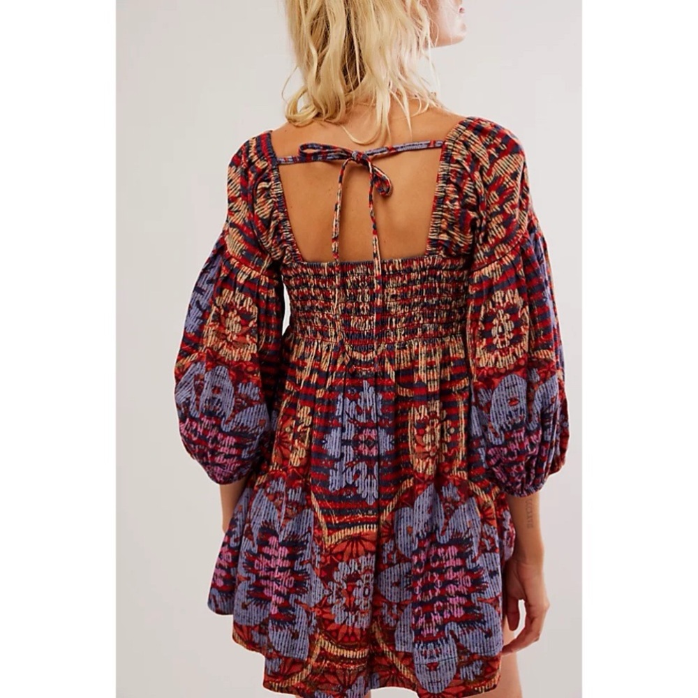 Free People Dress Floral Clara Corduroy Red Blue Medium M Boho - Picture 2 of 8